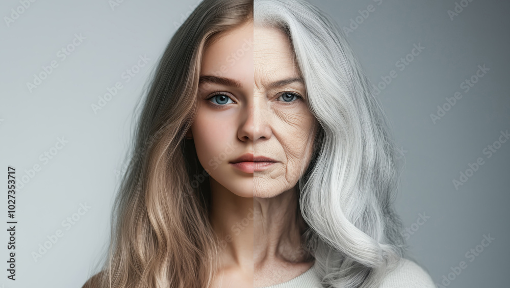 Split Face Photograph Showing Half Young Woman and Half Elderly Woman with Long Hair Split Face Photograph Showing Half Young Woman and Half Elderly Woman with Long Hair