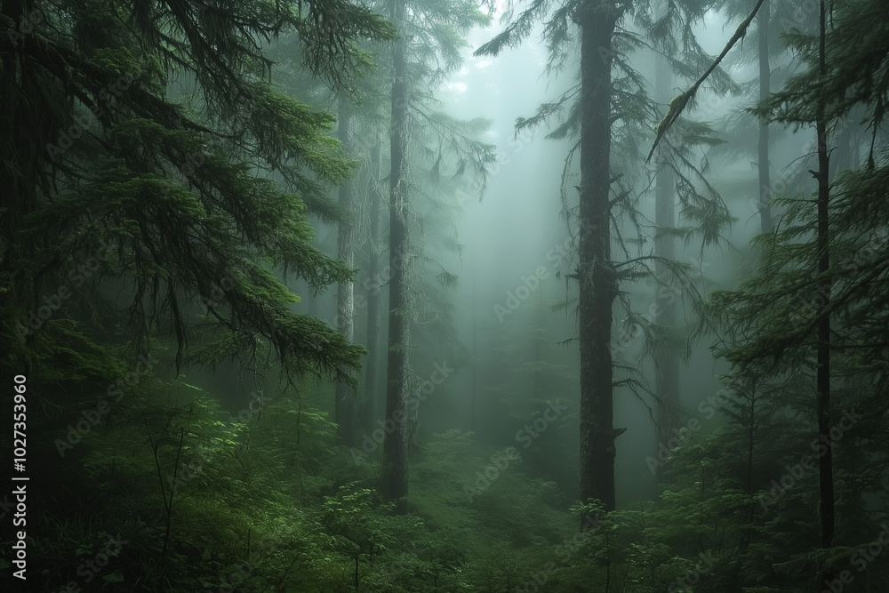 A dense forest shrouded in mist, with tall trees and lush foliage. The fog adds an ethereal quality to the scene, creating a sense of mystery within nature's embrace. A dense forest shrouded in mist, with tall trees and lush foliage. The fog adds an ethereal quality to the scene, creating a sense of mystery within nature's embrace.
