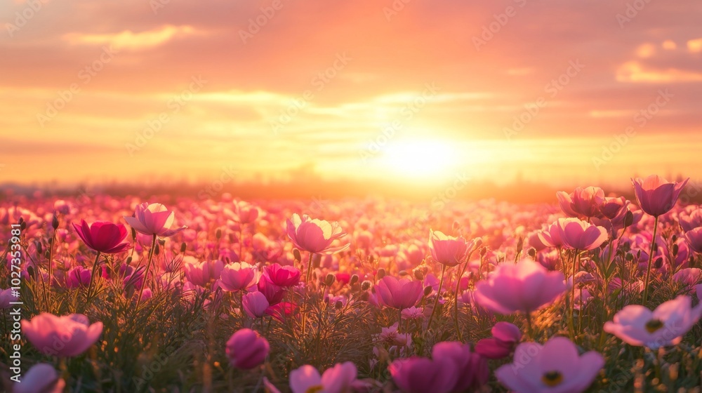 Naklejka premium Pink Flowers Blooming at Sunset in a Field