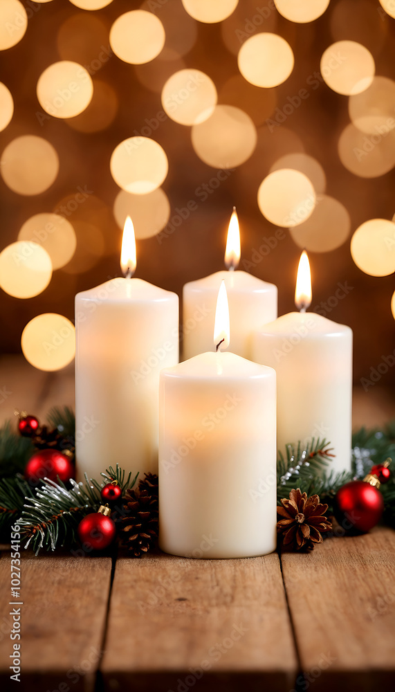 Christmas decoration with candles and blur bokeh light in the background
Christmas decoration with candles and blur bokeh light in the background