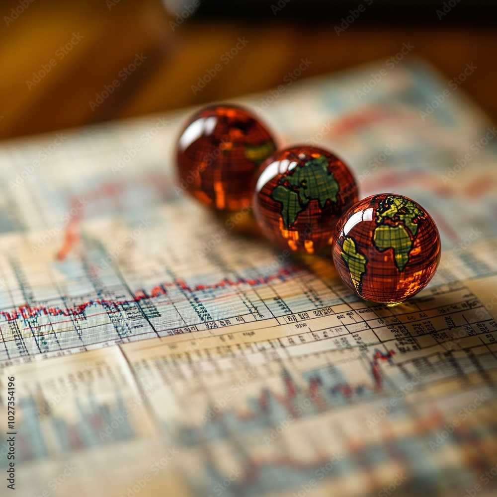 Three miniature globes with world maps on them are aligned on a graph chart showing upward trends. Three miniature globes with world maps on them are aligned on a graph chart showing upward trends.