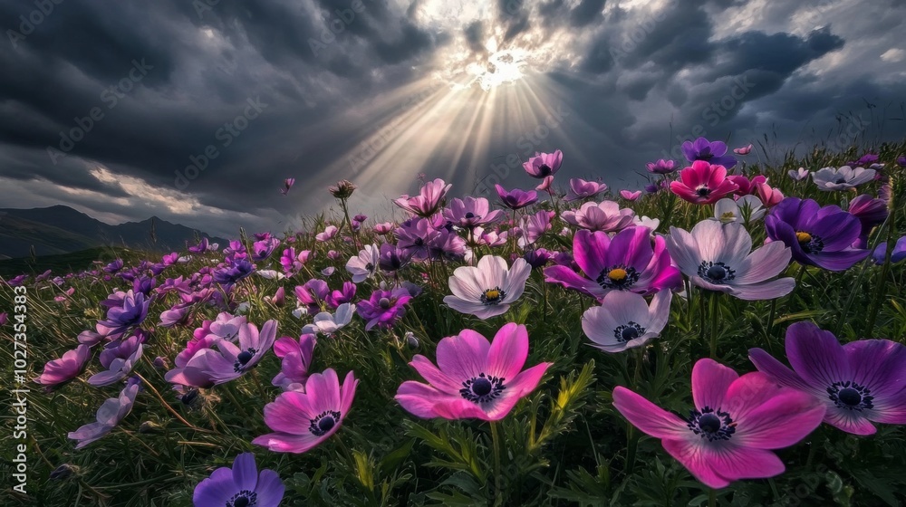 Fototapeta premium A Field of Purple and Pink Flowers Under a Dramatic Sky