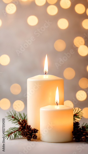 Christmas decoration with candles and blur bokeh light in the background 