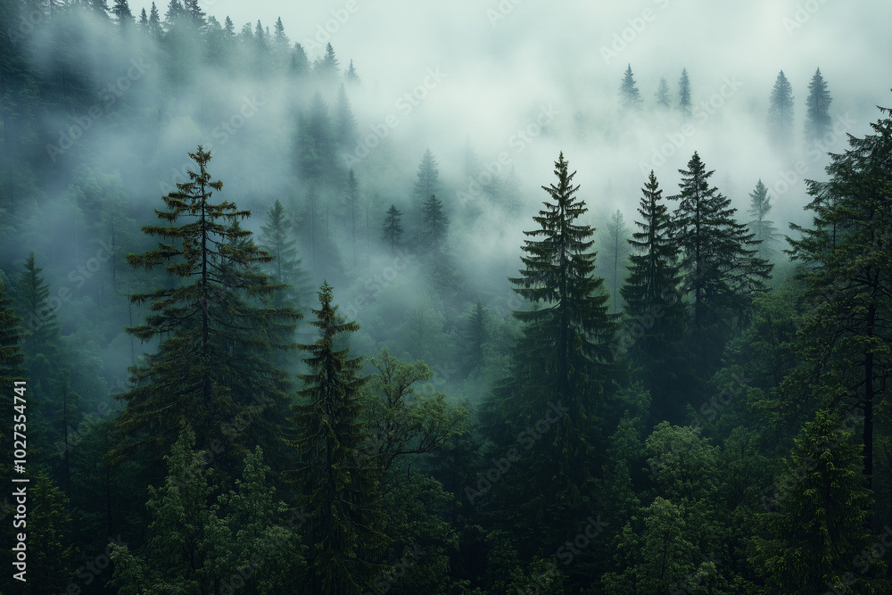 A dense forest shrouded in mist, with tall trees and lush foliage. The fog adds an ethereal quality to the scene, creating a sense of mystery within nature's embrace. A dense forest shrouded in mist, with tall trees and lush foliage. The fog adds an ethereal quality to the scene, creating a sense of mystery within nature's embrace.