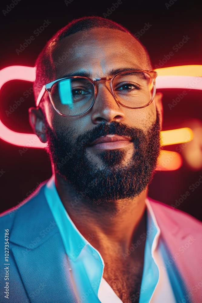 Stylish man poses confidently in smart attire with colorful neon lights in the background Stylish man poses confidently in smart attire with colorful neon lights in the background