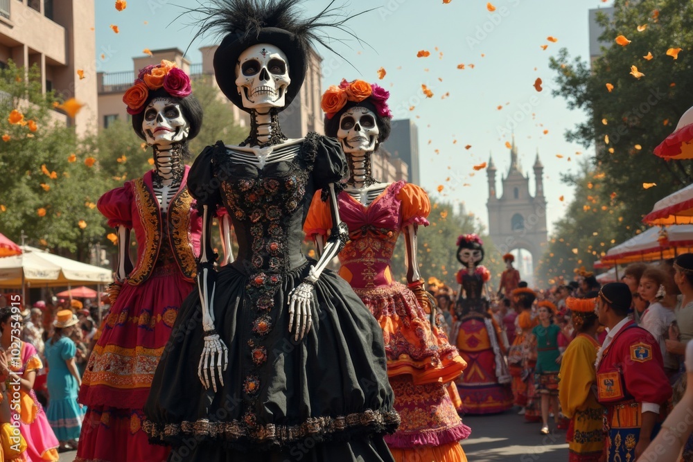 Day of the Dead parade with giant Catrina skeletons, traditional dresses, and festive celebration in Mexico Day of the Dead parade with giant Catrina skeletons, traditional dresses, and festive celebration in Mexico