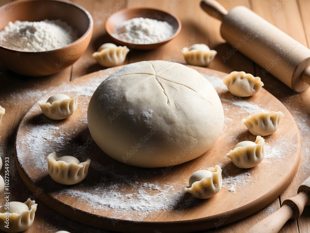 Fototapeta premium Dough for dumplings on a wooden cutting board, ready-made dumplings, a bowl of flour and a rolling pin for rolling out dough on a wooden table.