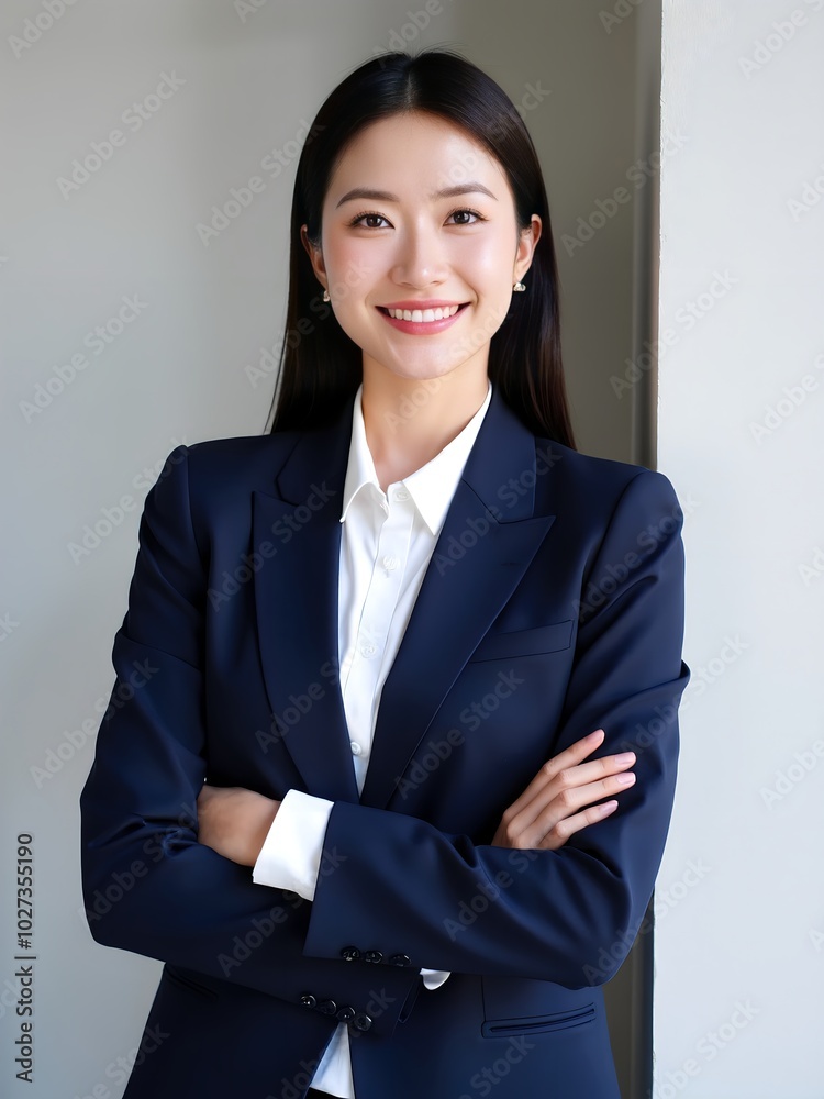 A young Asian woman with dark hair, wearing a dark blue suit and white shirt, smiles confidently office wall background A young Asian woman with dark hair, wearing a dark blue suit and white shirt, smiles confidently office wall background