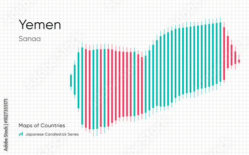 Yemen map shown in a chart with bars and lines. Japanese candlestick chart Series	