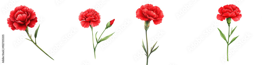 a collection of Four vibrant red carnations in various stages a collection of Four vibrant red carnations in various stages