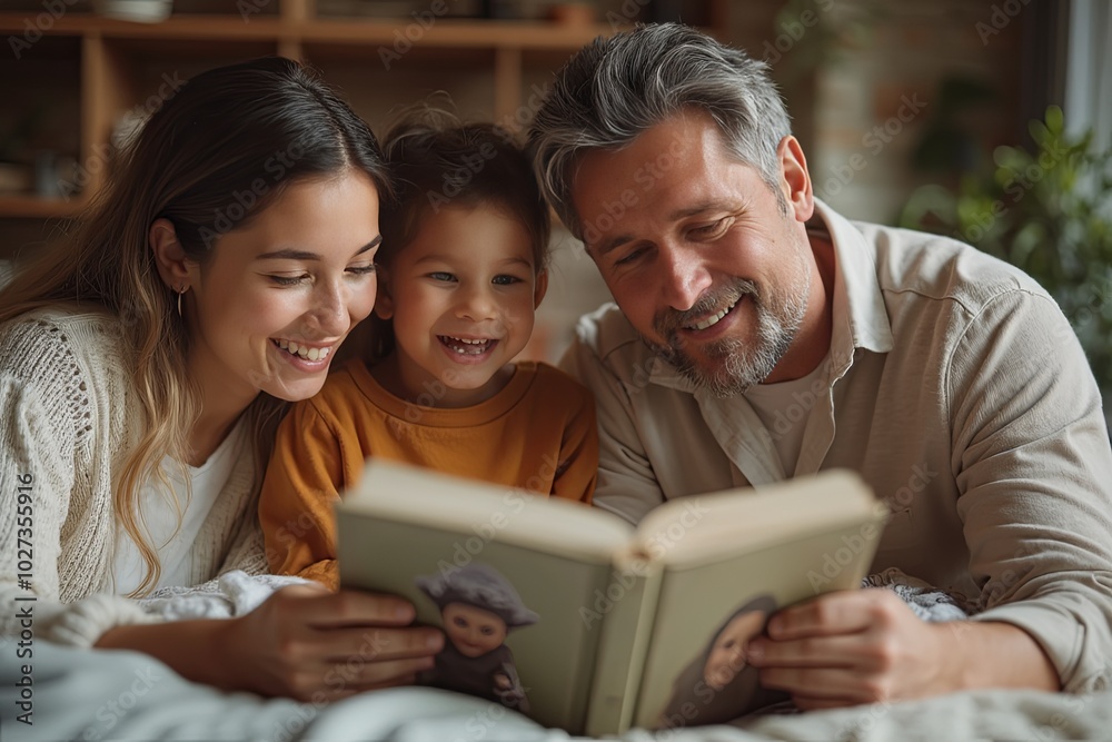 Happy family reading a children's book together at home, bonding and enjoying quality time Happy family reading a children's book together at home, bonding and enjoying quality time