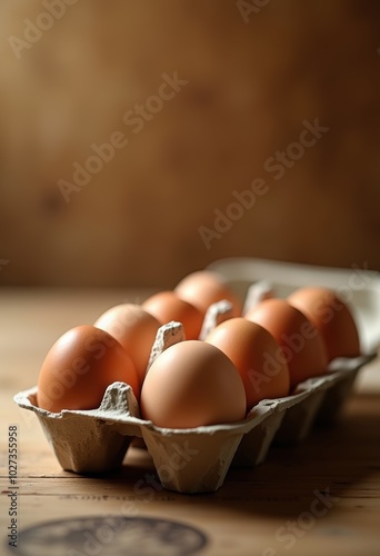 Fresh brown eggs in a carton, set against a warm wooden background, perfect for food photography and culinary projects. photo