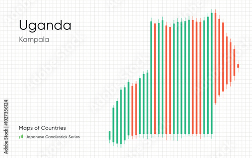 Uganda map is shown in a chart with bars and lines. Japanese candlestick chart Series	