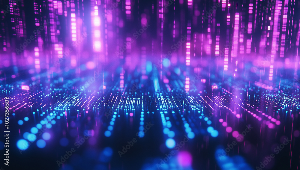 A close-up of digital data flowing on the screen, with blue and purple lights creating an abstract background A close-up of digital data flowing on the screen, with blue and purple lights creating an abstract background