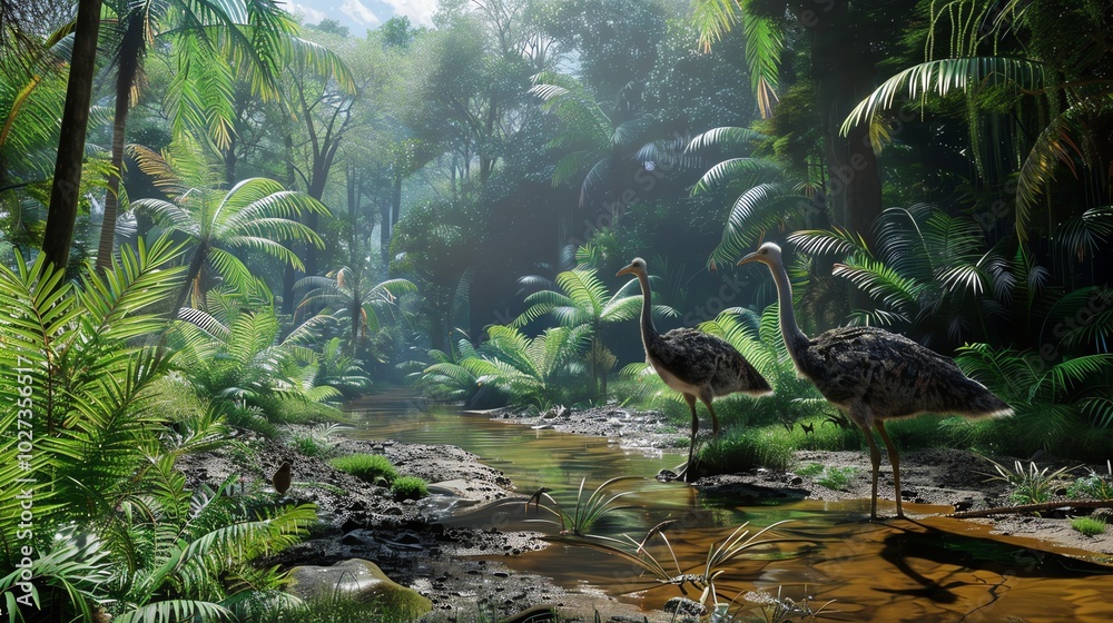 Naklejka premium Two large flightless birds stand by a stream in a lush tropical jungle.