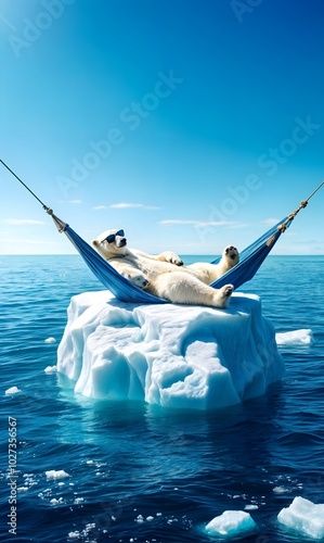 Polar bear sunbathing in a hammock on a lonely iceberg in the sea on a sunny day. Illustration on climate change and the rise in average temperature of planet Earth