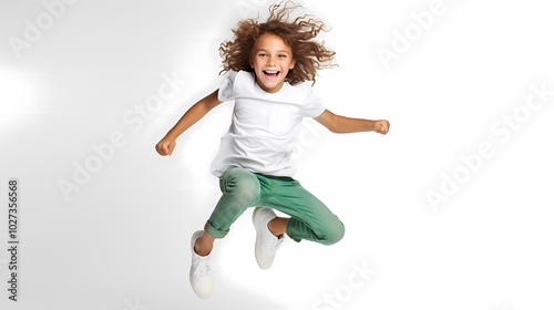 Happy child jumps against a vibrant background.