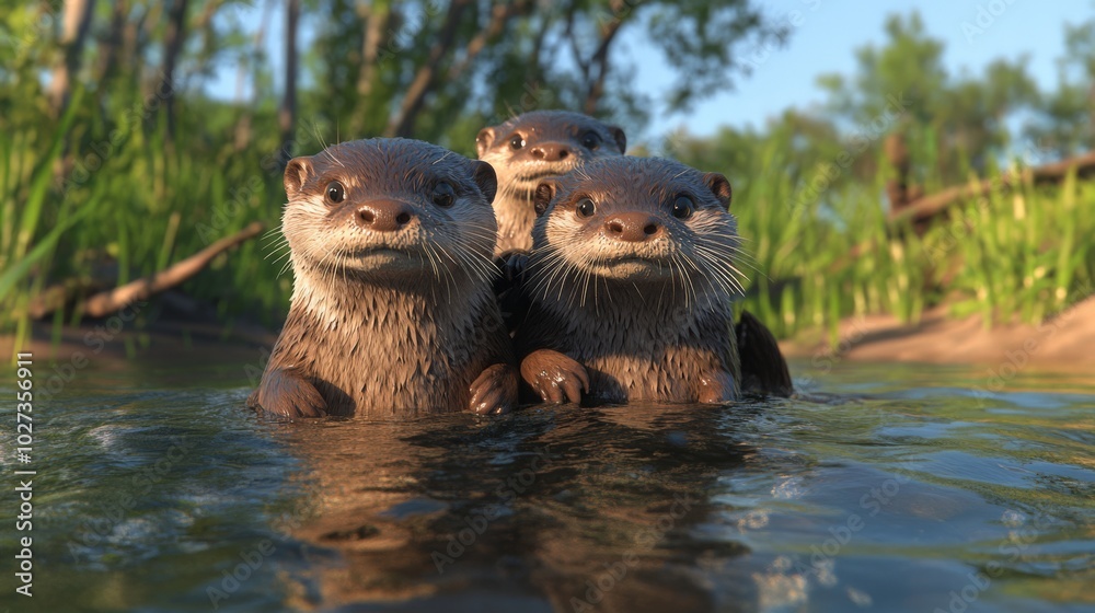 Fototapeta premium Playful River Otters Enjoying a Tranquil Waterway Surrounded by Lush Vegetation
