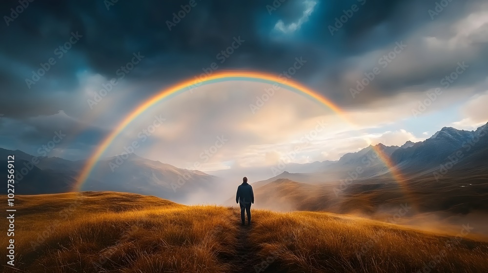 A person standing under a rainbow, symbolizing the promise of hope after a storm, rainbow promise, symbol of hope.