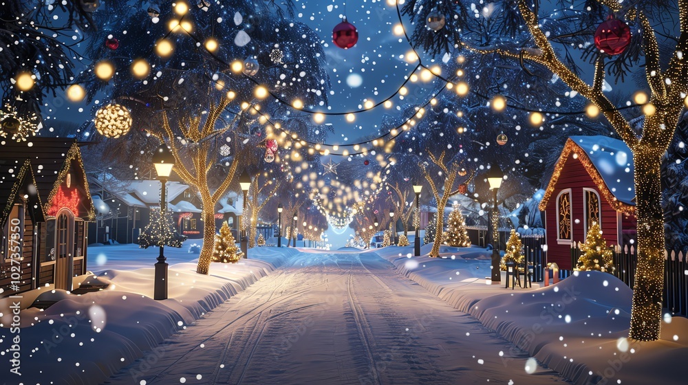 Fototapeta premium A snowy street lined with Christmas lights and decorated trees.