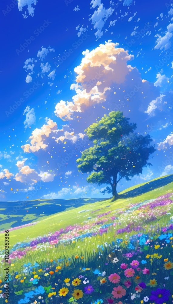 Obraz premium A Single Tree Stands in a Field of Colorful Flowers with Blue Sky and Puffy Clouds Above