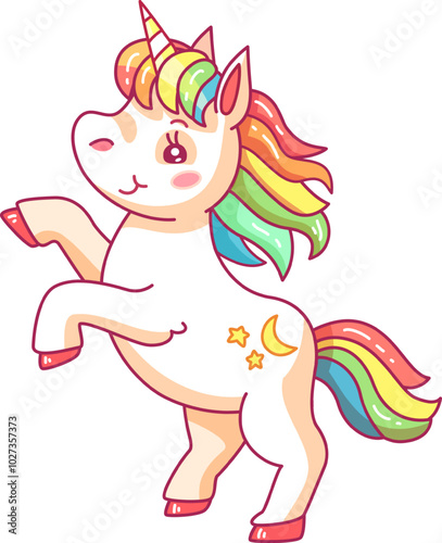 This cheerful unicorn sways gracefully on its hind legs showcasing a vibrant mane and tail. Its friendly expression captures the essence of magic and joy.