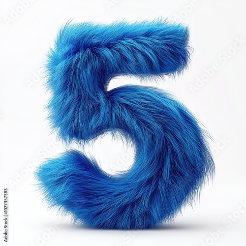 3D number 5 with blue fur texture realistic modern design, soft lighting, white background