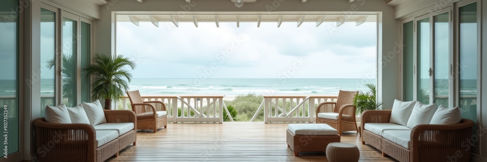 Fototapeta premium A serene coastal living space featuring elegant furniture and panoramic ocean views, perfect for real estate, interior design, and travel marketing.