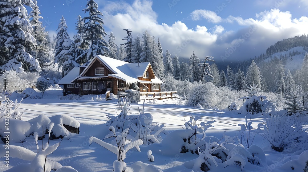 A snowy winter landscape with a cabin in a forest. A snowy winter landscape with a cabin in a forest.