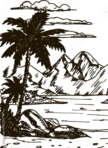 Landscape with sea and palm trees sketch. Summer beach Hand drawn sketch. Summer vacation, vacation, travel concept