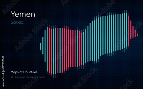 Yemen map shown in a chart with bars and lines. Japanese candlestick chart Series	