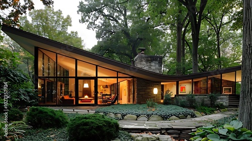 Modern architectural home surrounded by lush greenery, featuring large glass windows and a unique roof design.