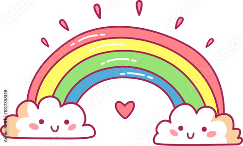 A vibrant cartoon style rainbow emerges from fluffy smiling clouds adorned with a heart creating a joyful and playful atmosphere suitable for kids art or decorations.