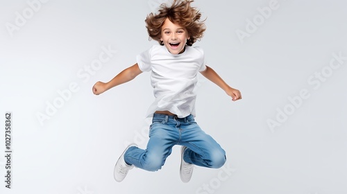 Happy child jumps against a vibrant background.