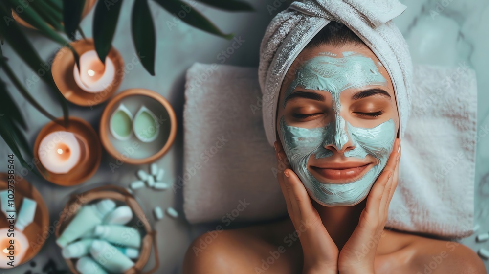 A woman with a face mask on relaxes at a spa. A woman with a face mask on relaxes at a spa.