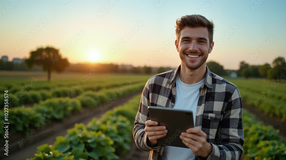 Young Farmer Using Tablet in Field at Sunset Young Farmer Using Tablet in Field at Sunset