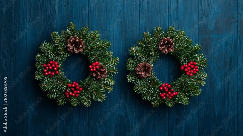Christmas Wreaths on Blue Wooden Background Christmas Wreaths on Blue Wooden Background