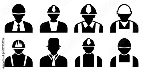 Vector illustration of eight silhouette icons representing industrial workers in safety helmets and uniforms, showcasing different configurations and styles of attire for construction and industrial 
