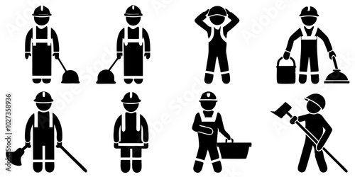 Vector illustration of eight silhouette icons representing industrial workers in safety helmets and uniforms, showcasing different configurations and styles of attire for construction and industrial 
