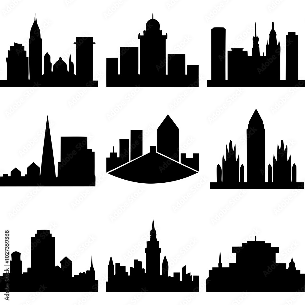 Silhouette of a Vibrant City Skyline with Iconic Urban Architecture and Skyscrapers in a Minimalistic Artistic Design Silhouette of a Vibrant City Skyline with Iconic Urban Architecture and Skyscrapers in a Minimalistic Artistic Design