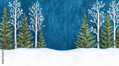 Snowy Winter Forest Illustration with Birch Trees and Evergreens