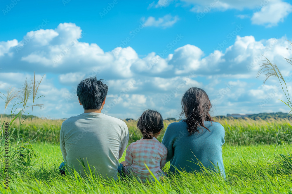A family of three sitting on the grass, back view, blue sky, lawn background A family of three sitting on the grass, back view, blue sky, lawn background