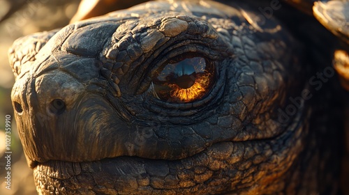 Close-up of a Tortoise's Eye and Face with Sunlit Reflections