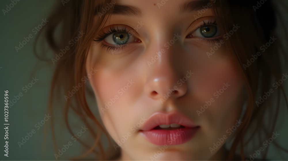 Thoughtful Woman's Close-up Portrait Highlighting Natural Beauty in Subtle Lighting Thoughtful Woman's Close-up Portrait Highlighting Natural Beauty in Subtle Lighting