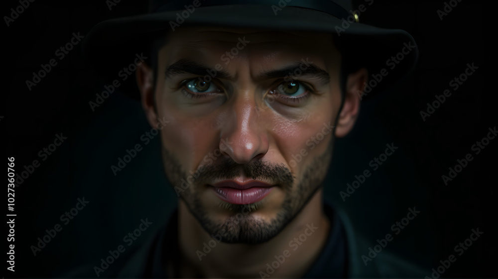 A Dramatic Portrait of a Mysterious Man in a Vintage Hat, Showcasing Intensity and Depth A Dramatic Portrait of a Mysterious Man in a Vintage Hat, Showcasing Intensity and Depth