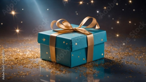 Blue giftbox and shiny stars. Newyear celebration present