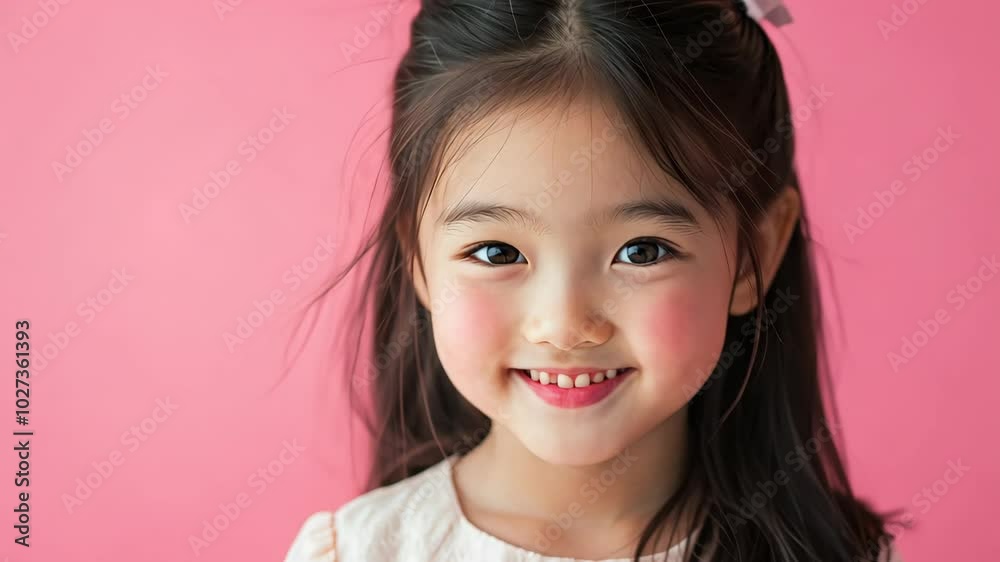 A young girl with long black hair smiles brightly against a pink backdrop A young girl with long black hair smiles brightly against a pink backdrop