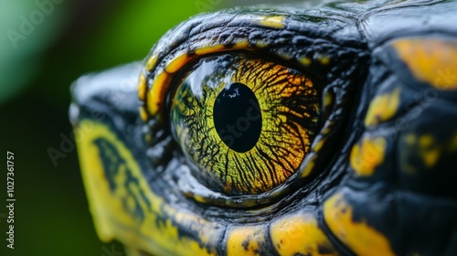 Close-up of a Turtle's Eye with Vibrant Yellow and Green Colors photo