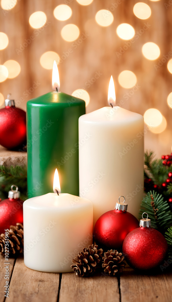 Christmas decoration with candles and blur bokeh light in the background
Christmas decoration with candles and blur bokeh light in the background