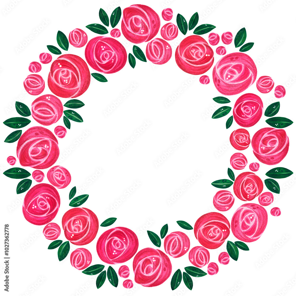 Round frame made of pink roses and green leaves. Hand drawn watercolor illustration with Art Nouveau style. Drawing for cards, wedding invitations. Plants, roses, flowers, leaves, wedding, invitation, Round frame made of pink roses and green leaves. Hand drawn watercolor illustration with Art Nouveau style. Drawing for cards, wedding invitations. Plants, roses, flowers, leaves, wedding, invitation,